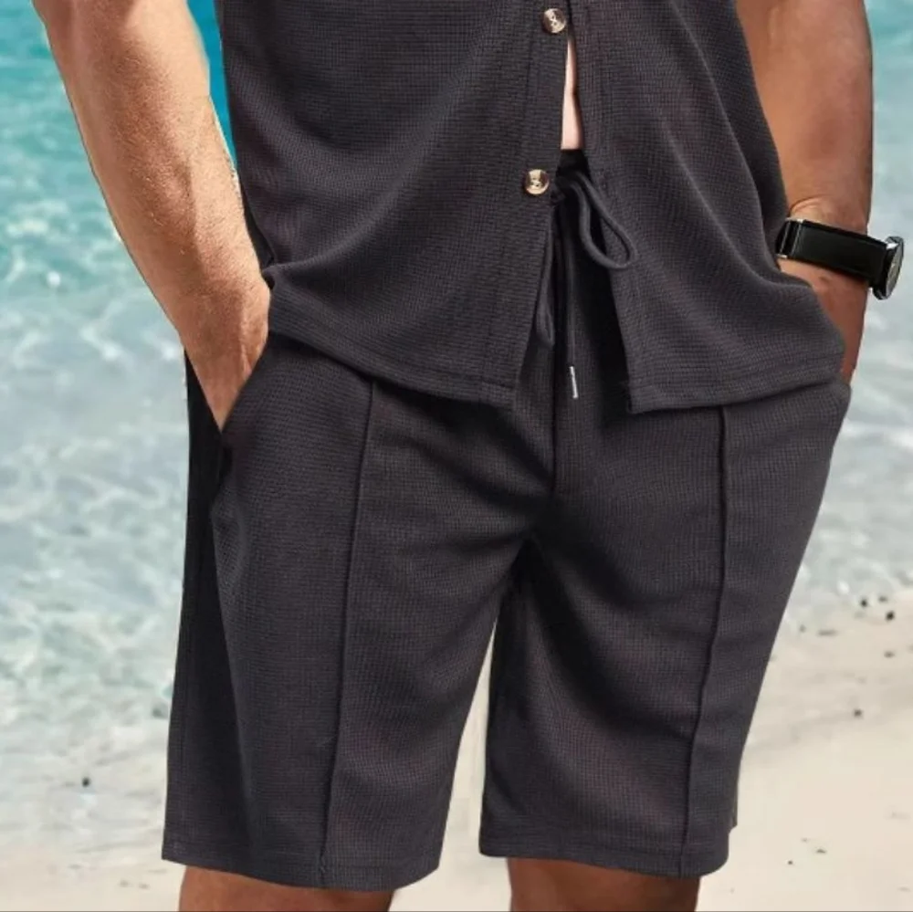 Men's Black Button Down Shirt and Shorts Set